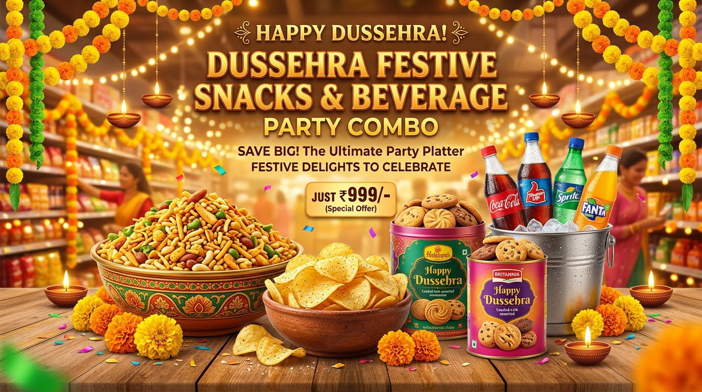 🍿 దసరా స్నాక్స్ & బేవరేజెస్ కాంబో (Dussehra Festive Snacks & Beverage Party Pack)